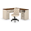 Bush Furniture Fairview 60"W L-Shaped Desk And Chair Set, Antique White/Tea Maple, Standard Delivery