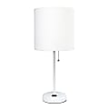 LimeLights White Stick Lamp with Charging Outlet and White Fabric Shade