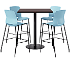 KFI Studios Proof Bistro Square Pedestal Table With Imme Bar Stools, Includes 4 Stools, 43-1/2”H x 36”W x 36”D, Studio Teak Top/Black Base/Sky Blue Chairs
