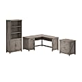 Bush Furniture Knoxville 60"W L Shaped Desk with Lateral File Cabinet and 5 Shelf Bookcase, Restored Gray, Standard Delivery