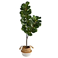 Nearly Natural Fiddle Leaf Fig 54”H Artificial Tree With Handmade Woven Planter, 54”H x 8”W x 8”D, Green/Tan White