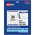 Avery® Waterproof Permanent Labels With Sure Feed®, 94507-WMF100, Round, 1-5/8" Diameter, White, Pack Of 2,000