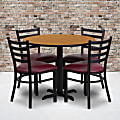 Flash Furniture Round Laminate Table Set With X-Base And 4 Ladder-Back Metal Chairs, 30"H x 36"W x 36"D, Natural/Burgundy