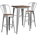 Flash Furniture Square Metal/Wood Bar Table With 2 Stools, 42" x 26", Silver