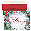 Custom Embellished Holiday Cards And Foil Envelopes, 5-5/8" x 7-7/8", Frosted Greens, Box Of 25 Cards/Envelopes