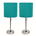 LimeLights Stick Desktop Lamps With Charging Outlets, 19-1/2", Teal Shade/Brushed Nickel Base, Set Of 2 Lamps