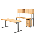 Bush Business Furniture 400 Series Height Adjustable Standing Desk with Credenza, Hutch and Storage, Natural Maple, Premium Installation
