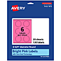 Avery® Print-To-The-Edge Labels With Sure Feed® Technology And Easy Peel® Label Feature, 94512-BPP20, Round, 2-3/4", Matte Bright Pink, Pack of 120 1 thumbnail image