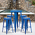 Flash Furniture Commercial-Grade Round Metal Indoor/Outdoor Bar Table Set With 4 Square Backless Stools, 41"H x 24"W x 24"D, Blue