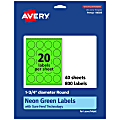 Avery® Print-To-The-Edge Labels With Sure Feed® Technology, 94509-NGP40, Round, 1-3/4", Matte Neon Green, Pack of 800