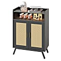 Bestier 28'W LED Storage Buffet With Glass Shelves And Rattan Door, Black