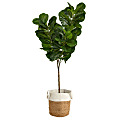 Nearly Natural Fiddle Leaf Fig 72”H Artificial Tree With Handmade Planter, 72”H x 11”W x 11”D, Green/Tan White