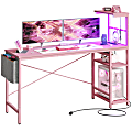 Bestier LED Gaming Computer Desk With Power Outlets, Shelves, Hook & Side Bag, 61"W, Pink