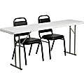 Flash Furniture Plastic Folding Training Table with 2 Trapezoidal-Back Stack Chairs, 29"H x 72"W x 18"D, Black/White
