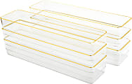 Martha Stewart Kerry Plastic Stackable Office Desk Drawer Organizers, 2"H x 3"W x 12"D, Clear/Gold Trim, Pack Of 6 Organizers 1 thumbnail image