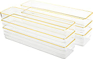 Martha Stewart Kerry Plastic Stackable Office Desk Drawer Organizers, 2"H x 3"W x 12"D, Clear/Gold Trim, Pack Of 6 Organizers