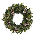 Nearly Natural 24”H Snowed Pine Cone Artificial Christmas Wreath With 35 LED Lights, 24” x 5”, Green