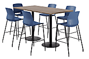 KFI Studios Proof Bistro Rectangle Pedestal Table With 6 Imme Barstools, 43-1/2"H x 72"W x 36"D, Studio Teak/Black/Navy Stools