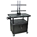 H. Wilson Plastic Utility Cart With Built-In Plasma/LCD Mount, Locking Cabinet, 40"H x 42"W x 24"D, Black/Chrome