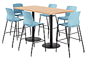 KFI Studios Proof Bistro Rectangle Pedestal Table With 6 Imme Barstools, 43-1/2"H x 72"W x 36"D, Maple/Black/Sky Blue Stools