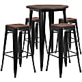 Flash Furniture Round Metal Bar Table Set With 4 Backless Stools, 42"H x 30"W x 30"D, Black