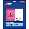 Avery® Print-To-The-Edge Labels With Sure Feed® Technology, 94252-BPP10, Rectangle, 4" x 3", Matte Bright Pink, Pack of 40 1 thumbnail image