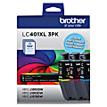 Brother® LC401XL High-Yield Cyan, Magenta, Yellow Ink Cartridges, Pack Of 3, LC401XL3PKS
