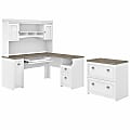 Bush Business Furniture Fairview 60"W L-Shaped Corner Desk With Hutch And Lateral File Cabinet, Shiplap Gray/Pure White, Standard Delivery