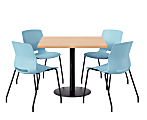 KFI Studios Proof Cafe Pedestal Table With Imme Chairs, Square, 29”H x 42”W x 42”W, Maple Top/Black Base/Sky Blue Chairs