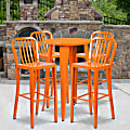 Flash Furniture Commercial-Grade Round Metal Indoor-Outdoor Bar Table Set With 4 Vertical Slat-Back Stools, 41"H x 24"W x 24"D, Orange