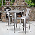 Flash Furniture Commercial-Grade Round Metal Indoor/Outdoor Bar Table Set With 2 Café Stools, 41"H x 30"W x 30"D, Silver