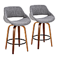 LumiSource Fabrico Counter Stools, Gray Seat/Walnut Frame/Round Black Footrest, Set Of 2 Stools
