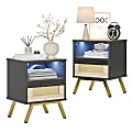 Bestier 1-Drawer Natural LED Nightstand Bedroom Table with Rattan and Open Storage, Set of 2