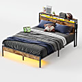 Bestier Metal Frame Platform Bed with Charge Station, Storage Headboard and LED Lights, Queen Size, Rustic Brown