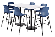 KFI Studios Proof Bistro Rectangle Pedestal Table With 6 Imme Barstools, 43-1/2"H x 72"W x 36"D, Designer White/Black/Navy Stools