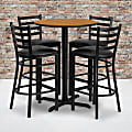 Flash Furniture Round Laminate Table Set With X-Base And 4 Ladder-Back Metal Bar Stools, 42"H x 30"W x 30"D, Natural/Black