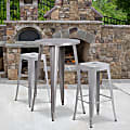 Flash Furniture Commercial-Grade Round Metal Indoor/Outdoor Bar Table Set With 2 Square-Seat Backless Stools, 41"H x 24"W x 24"D, Silver