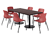 KFI Studios Proof Rectangle Pedestal Table With Imme Chairs, 31-3/4”H x 72”W x 36”D, Cafelle Top/Black Base/Coral Chairs