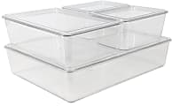 Martha Stewart Brody Stackable Plastic Storage Boxes With Lids, 3-1/4"H x 14"W x 10-1/2"D, Clear, Set Of 4 Boxes