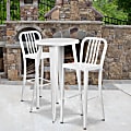 Flash Furniture Commercial Grade Round Metal Indoor-Outdoor Bar Table Set With 2 Vertical Slat Back Stools, 41"H x 24"W x 24"D, White