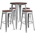 Flash Furniture Round Metal Bar Table With 4 Backless Stools, 42" x 30", Wood/Silver