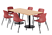 KFI Studios Proof Rectangle Pedestal Table With Imme Chairs, 31-3/4”H x 72”W x 36”D, Maple Top/Black Base/Coral Chairs