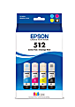 Epson® 512 EcoTank® Photo Black And Cyan, Magenta, Yellow Ink Bottles, Pack Of 4, T512520-S