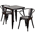 Flash Furniture Commercial-Grade Square Metal Table With 2 Arm Chairs, 29"H x 27-3/4"W x 27-3/4"D, Black/Antique Gold