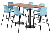 KFI Studios Proof Bistro Rectangle Pedestal Table With 6 Imme Barstools, 43-1/2"H x 72"W x 36"D, River Cherry/Black/Sky Blue Stools