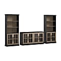 Bush Furniture Westbrook 60"W TV Stand For 75" TVs And Bookcases With Glass Doors, Vintage Black/Restored Tan Hickory, Standard Delivery