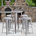 Flash Furniture Commercial-Grade Round Metal Indoor/Outdoor Bar Table Set With 4 Square Backless Stools, 41"H x 24"W x 24"D, Silver