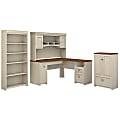 Bush Furniture Fairview 60"W L Shaped Desk With Hutch, Storage Cabinet With Drawer And 5 Shelf Bookcase, Antique White/Tea Maple, Standard Delivery