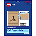 Avery® Kraft Permanent Labels With Sure Feed®, 94108-KMP100, Square, 8" x 8", Brown, Pack Of 100