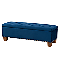 Baxton Studio Modern And Contemporary Velvet Button-Tufted Storage Ottoman Bench, 17-5/16"H x 52-3/16"W x 16-3/4"D, Navy Blue/Brown